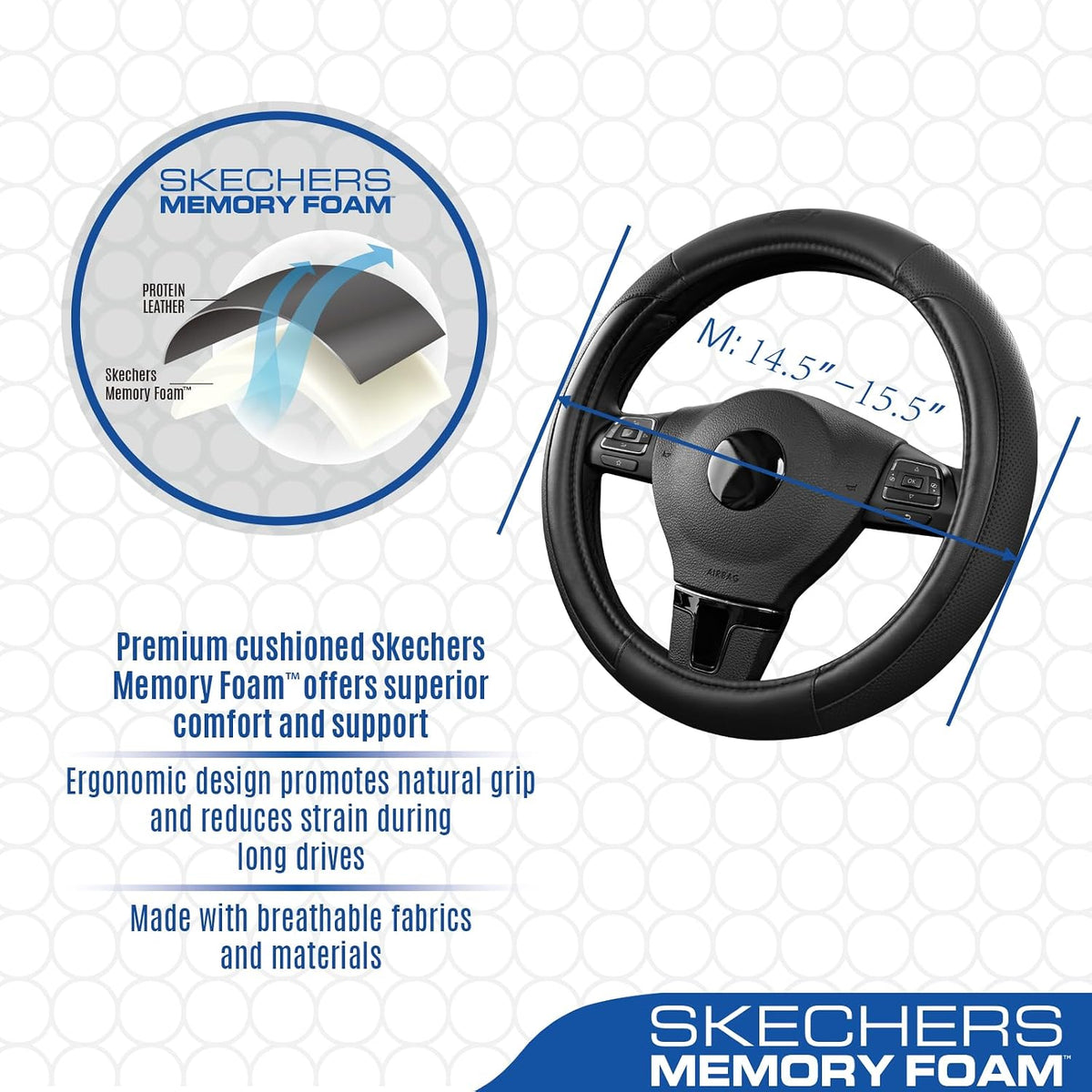 Skechers Steering Wheel Cover Memory Foam,Luxury Leather Steering Wheel Covers,Universal Anti-Slip Fit 14" 1/2-15" Car Wheel Cover for Stylish Car Decor Gifts Fit Suvs,Vans,Sedans,Car,Trucks,Black