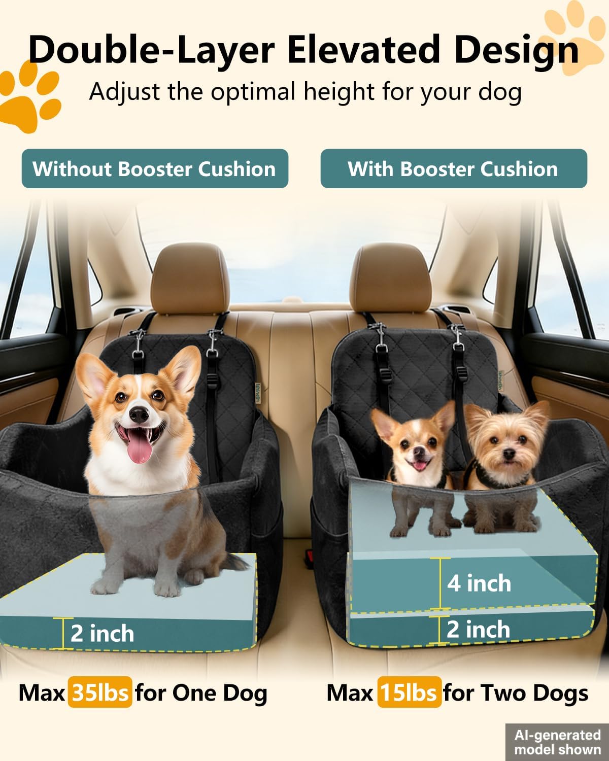 Dog Car Seat for Small/Medium Dogs Up to 35 lbs, 2-in-1 Pet Car Seat with Memory Foam, Machine Washable Dog Bed for Cars, Non-Slip Pet Booster Carseat with Safety Leashes, Storage Pockets (Black)