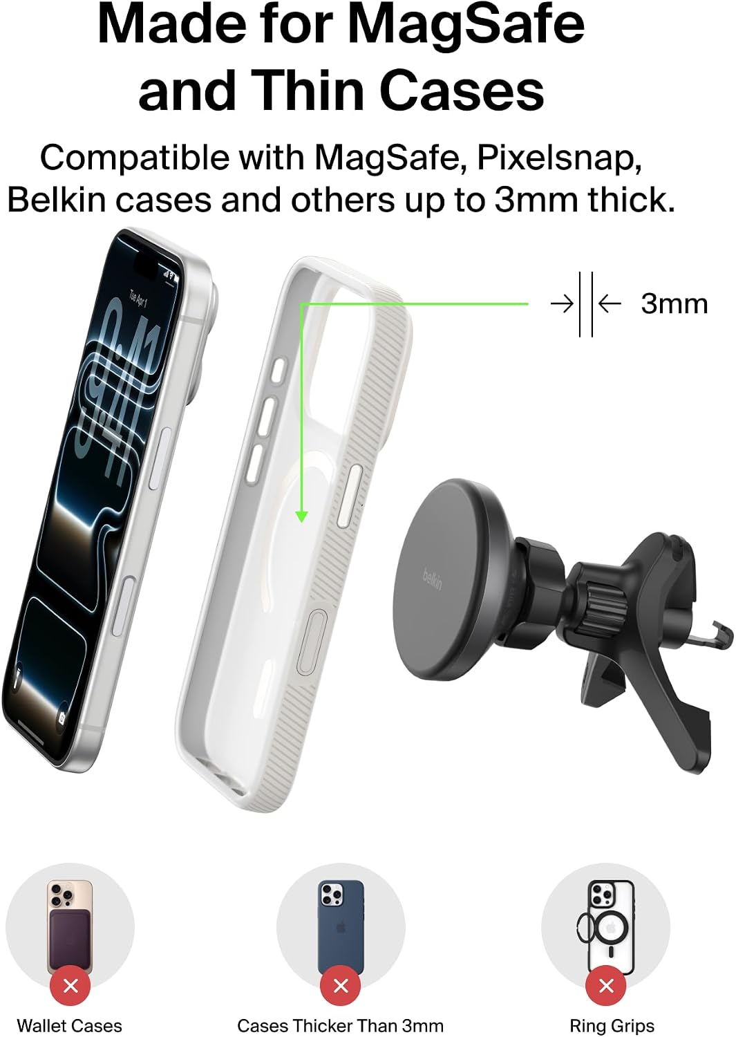 Belkin Qi2 15W Magnetic Wireless Vent Mount, Fast Charging Car Charger