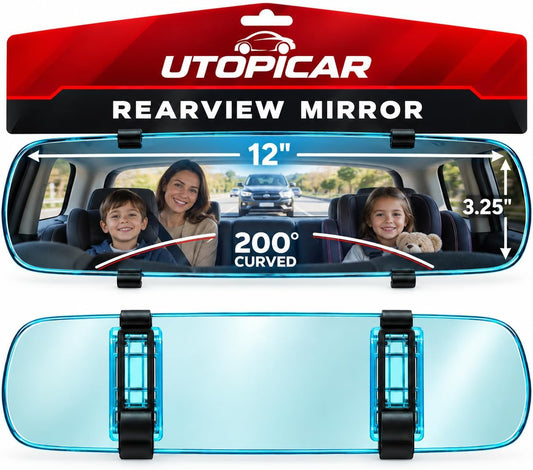 Utopicar Panoramic Rear View Mirror Extender - 12 Inch Curved Convex Clip-On Wide Angle Anti-Glare Stable Slim Frame Interior Mirror for Car SUV Truck
