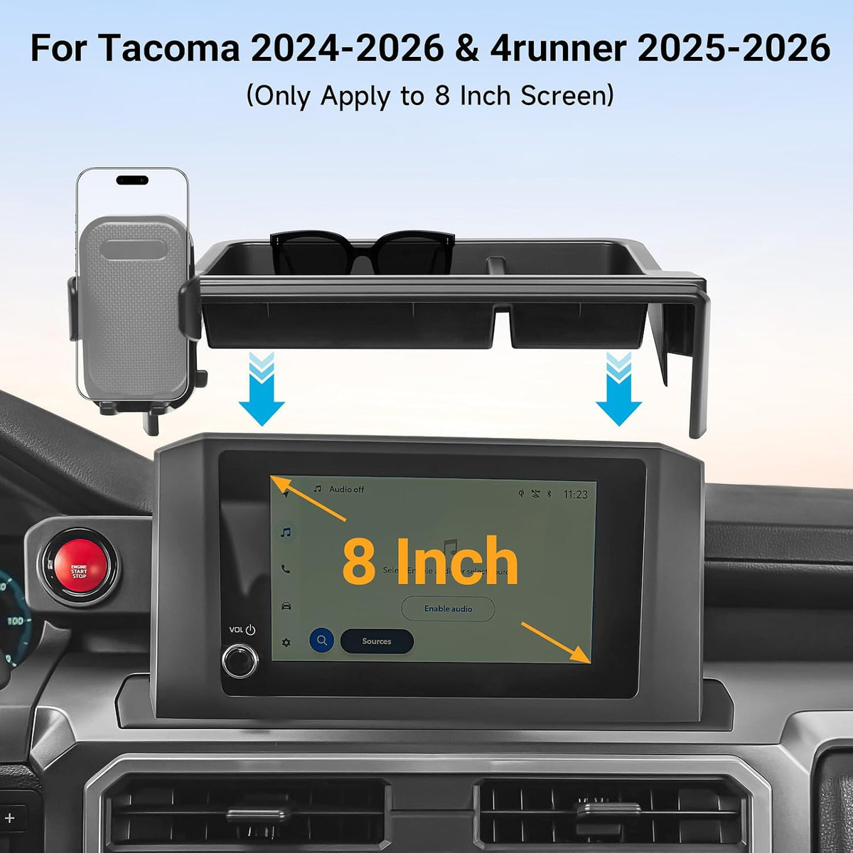 Car Phone Holder with Dashboard Storage Box for Toyota Tacoma 2024 2025 2026 & 4Runner 2025 2026 Accessories (Only for 8 Inch Screen) Cell Phone Mount Center Console Screen Dash Organizer Tray