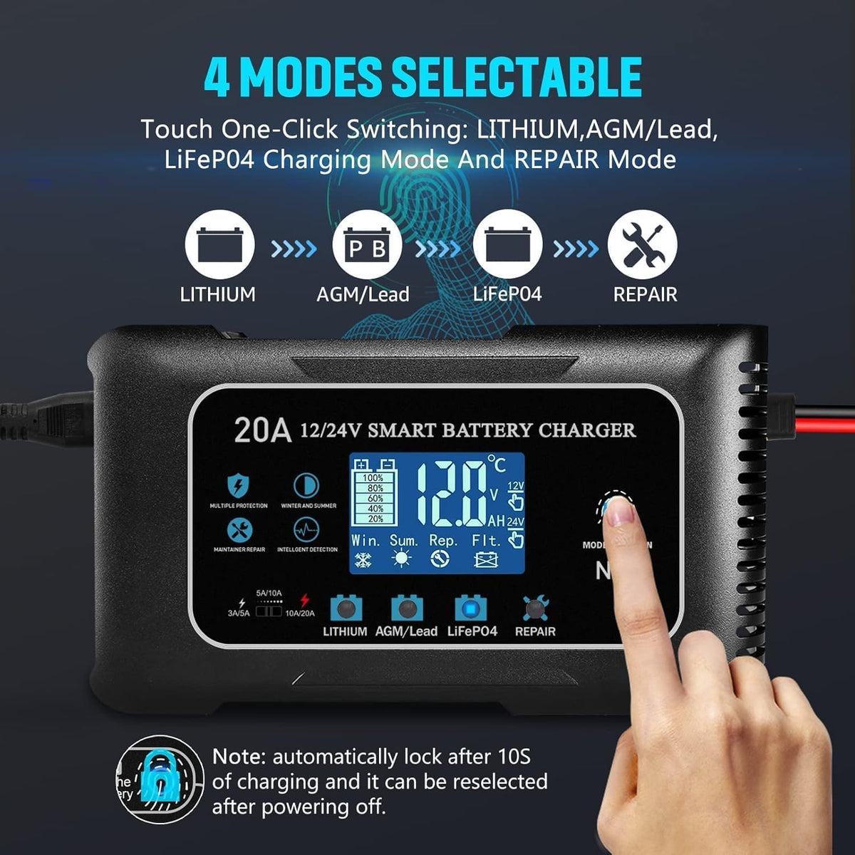 12V/24V 20A Car Battery Charger Maintainer Trickle Charger Lithium LiFePO4