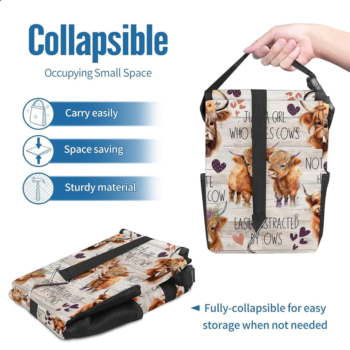Cute Highland Cow Car Trash Can with Lid Collapsible Reusable Waterproof Car Garage Bag,Automotive Garbage Can,Car Accessories Interior Car Organizer
