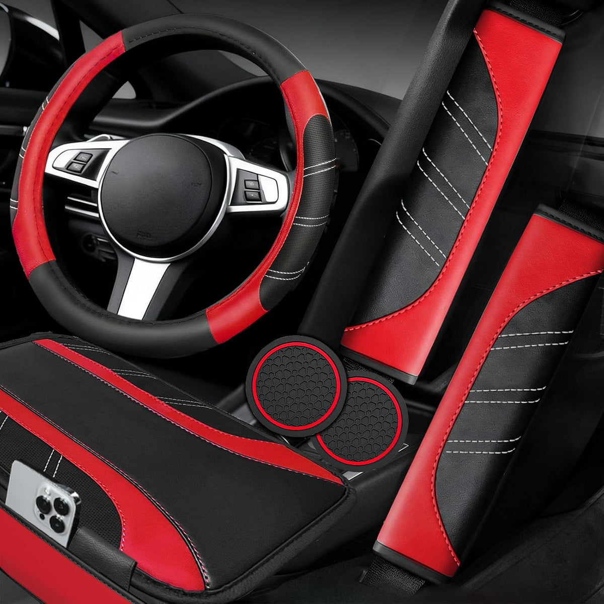 NBTEPEM 6 Pcs Red Steering Wheel Cover Set, Sport Microfiber Leather Steering Wheel Cover 14.5-15inch Universal, Car Center Console Cover, Seat Belt Cushion, Cup Coasters, Red Car Accessories Set