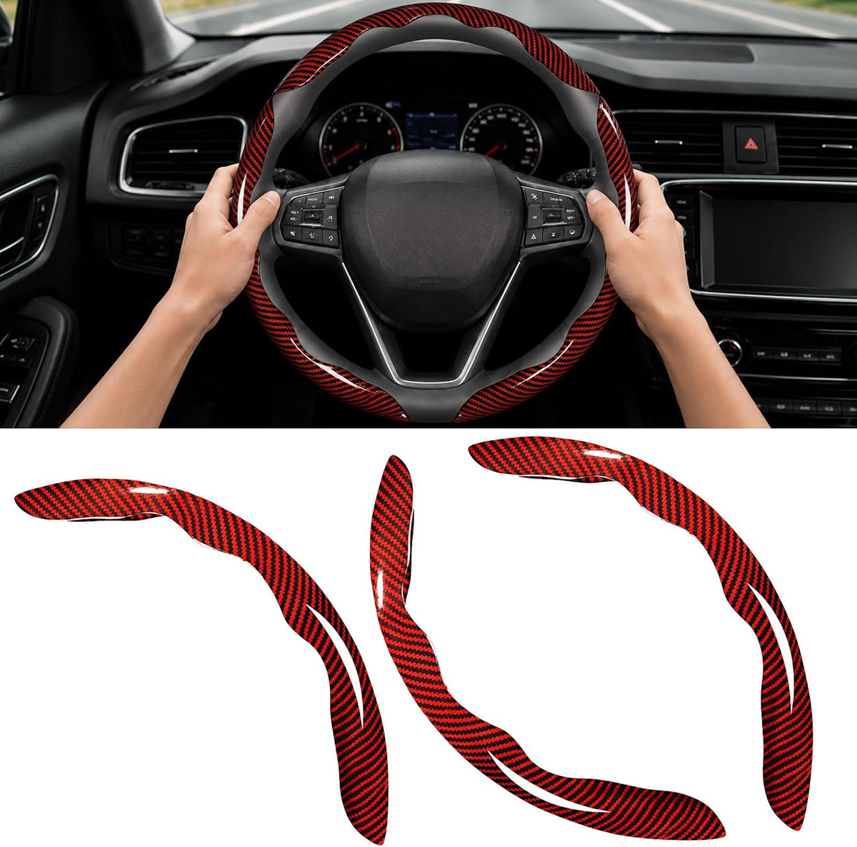 3pcs Universal Carbon Fiber Steering Wheel Cover, Anti-Slip & Segmented Design, Non-Slip Grip for Universal Cars for Men and Women,Interior Accessories for Cars Trucks (Black)
