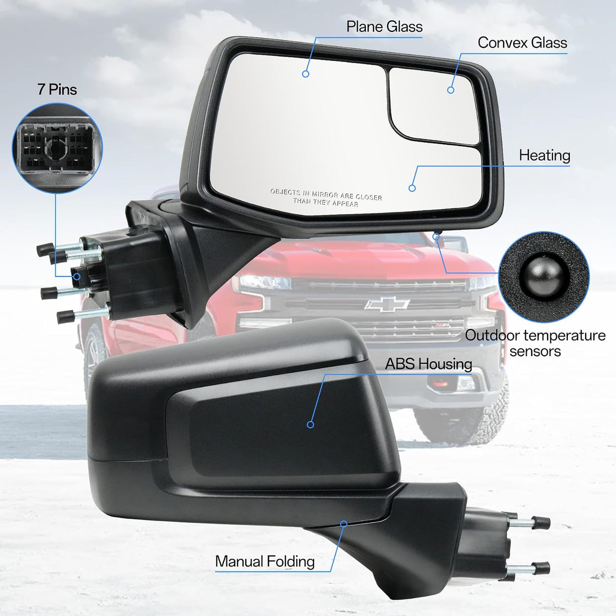 Passenger Right Side Door Mirror for 2019-2024 Chevy Silverado 1500, with Heated Power and Convex Blind Spot Glass Temperature Sensor Manual Folding, Replace#GM1321583(7 Pins)