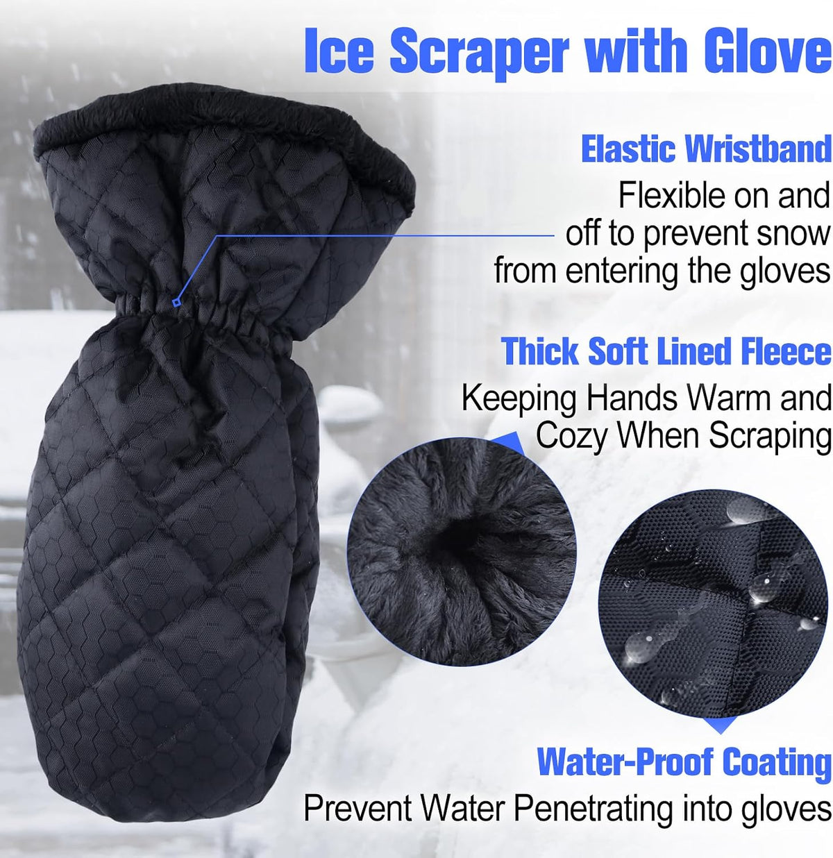 Ice Scraper with Glove Car Windshield Scraper for Ice and Snow w/Fleece Waterproof No Scratch Comfortable Glove Ice Scraper Car Scraper Snow Brush Snow Quickly Removal,Black