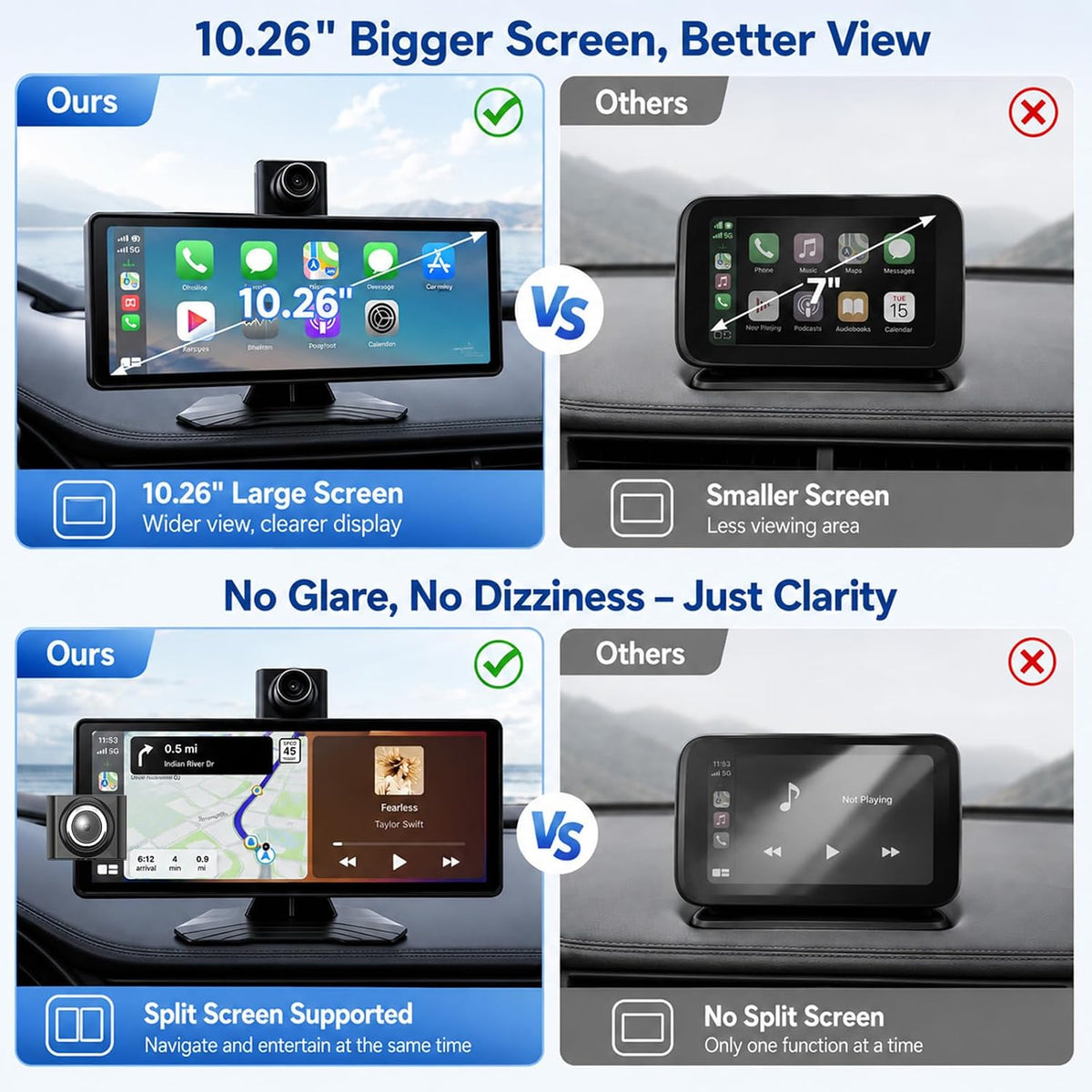 10.26" Wireless CarPlay Screen for Car, Apple CarPlay & Android Auto Screen, Portable Car Stereo with 4K Front Dash Cam & 1080P Backup Camera, Bluetooth, Voice Control, GPS Navigation, Mirror Link