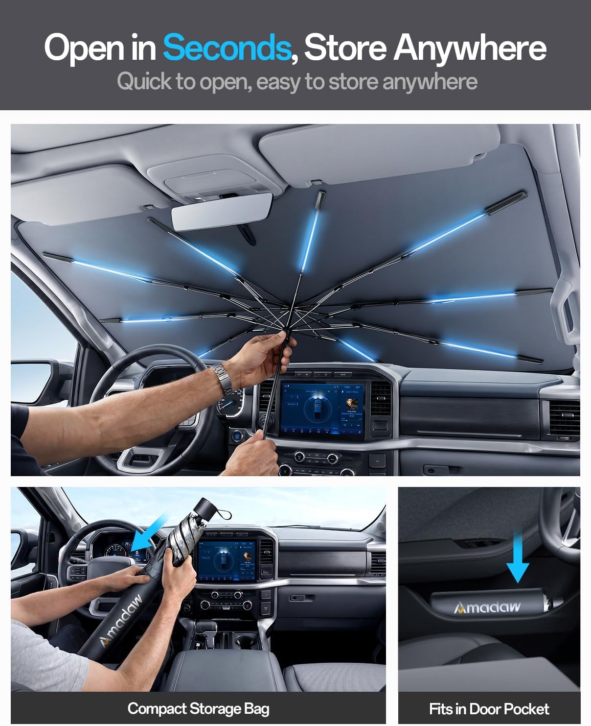 Windshield Sun Shade for Toyota Tundra 2000–2026, Foldable Umbrella Sunshade with 100% UV Block, Multi-Layer Heat Insulation, Reinforced 10-Rib Frame, Keeps Car Cooler, Summer Car Accessory
