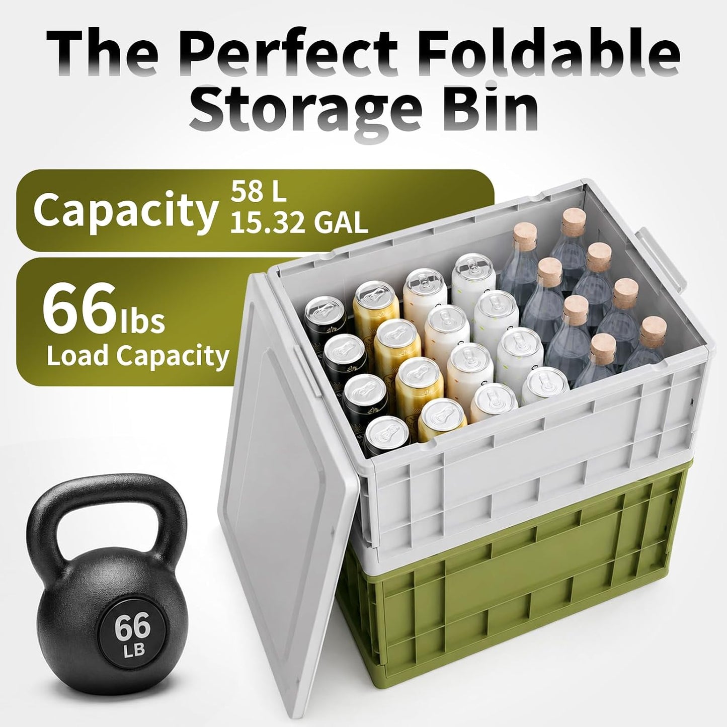 Stackable Storage Bins with Lids, 58L Collapsible Storage Bins with Wheels, Heavy Duty Folding Containers,Totes for Organizing Tools, Snacks, Books, Drinks, Camping & Transport (1 Pack)