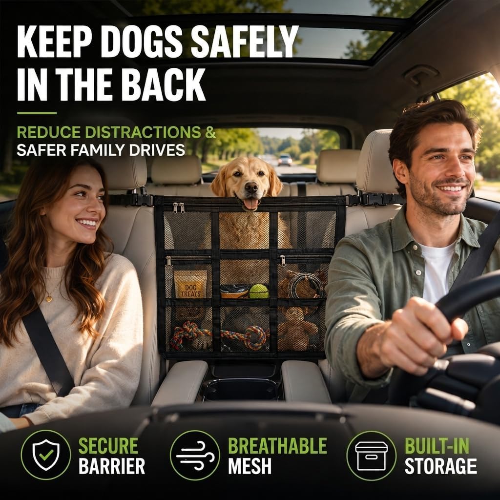 Dog Car Barrier 2026 Upgrade, Double Layer Mesh Dog Net for Car Divider with Storage Organizer, Universal Fit for SUVs, Sedans & Trucks, Easy to Install & Breathable Vehicle Travel Fence