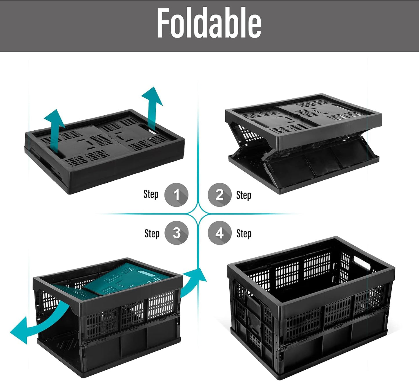 52L Collapsible Heavy Duty Storage Bin/Container, Stackable Folding Plastic Bin, Grated Wall, Utility (1, Square, 52, Liters)
