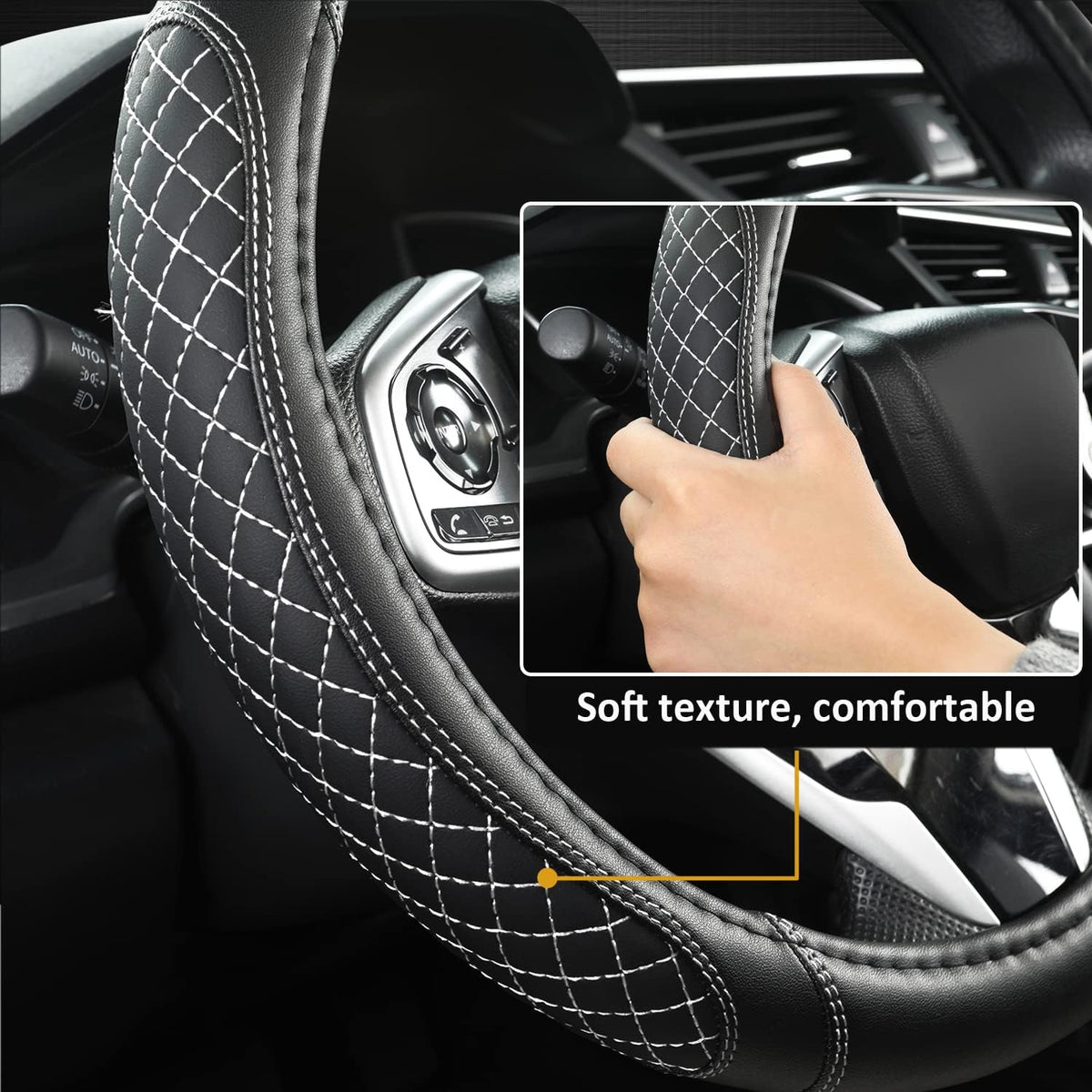 West Llama Car Steering Wheel Cover for Ford Escape,Explorer,Fusion,Focus,Bronco,Transit,Edge(Diamond Quilted - Black+Gray- Standard Size)