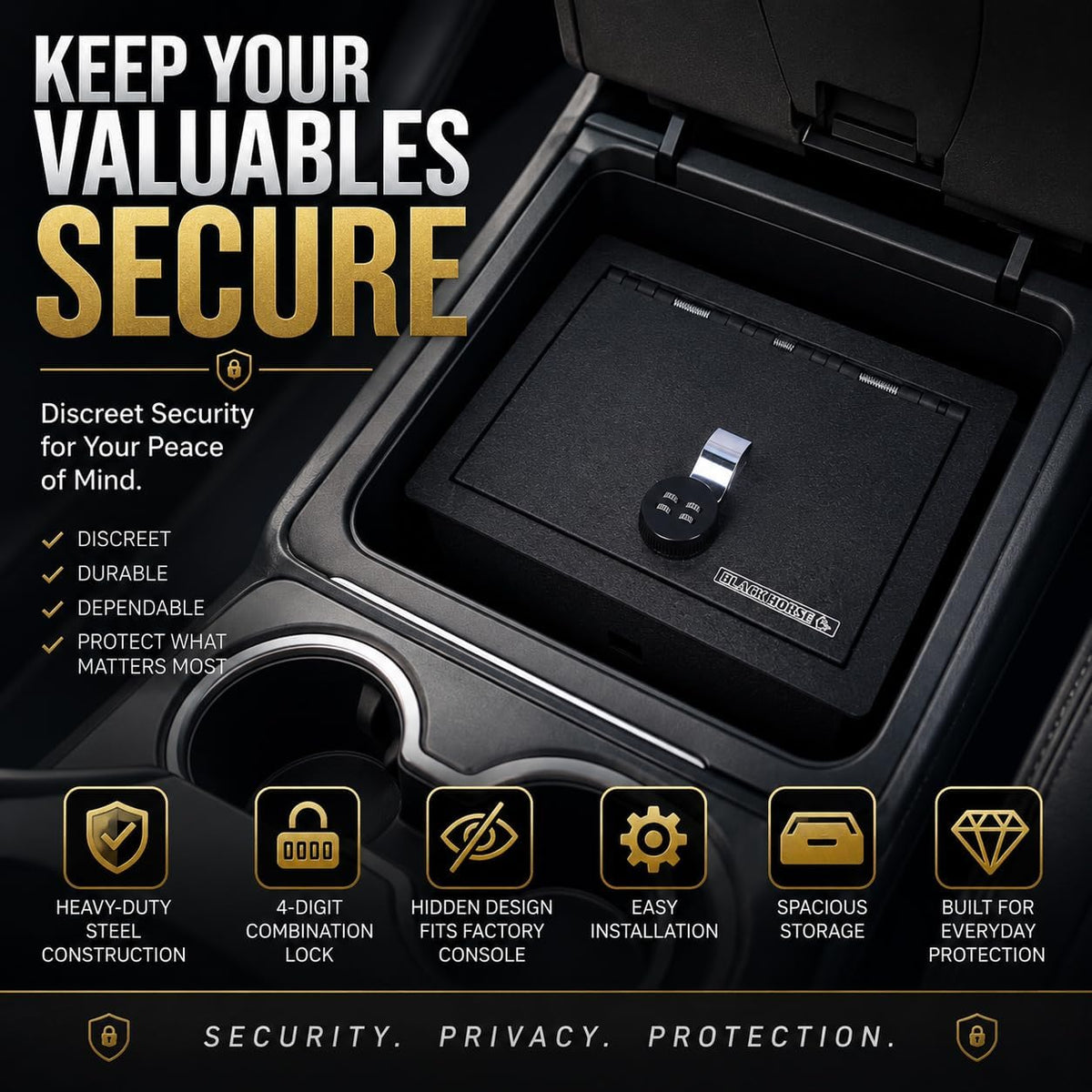 Black Horse Center Console Safe Black Compatible with 2015-2020 Chevrolet Suburban|2015-2020 Chevrolet Tahoe|2015-2020 GMC Yukon|2015-2020 GMC Yukon XL-ASGM05