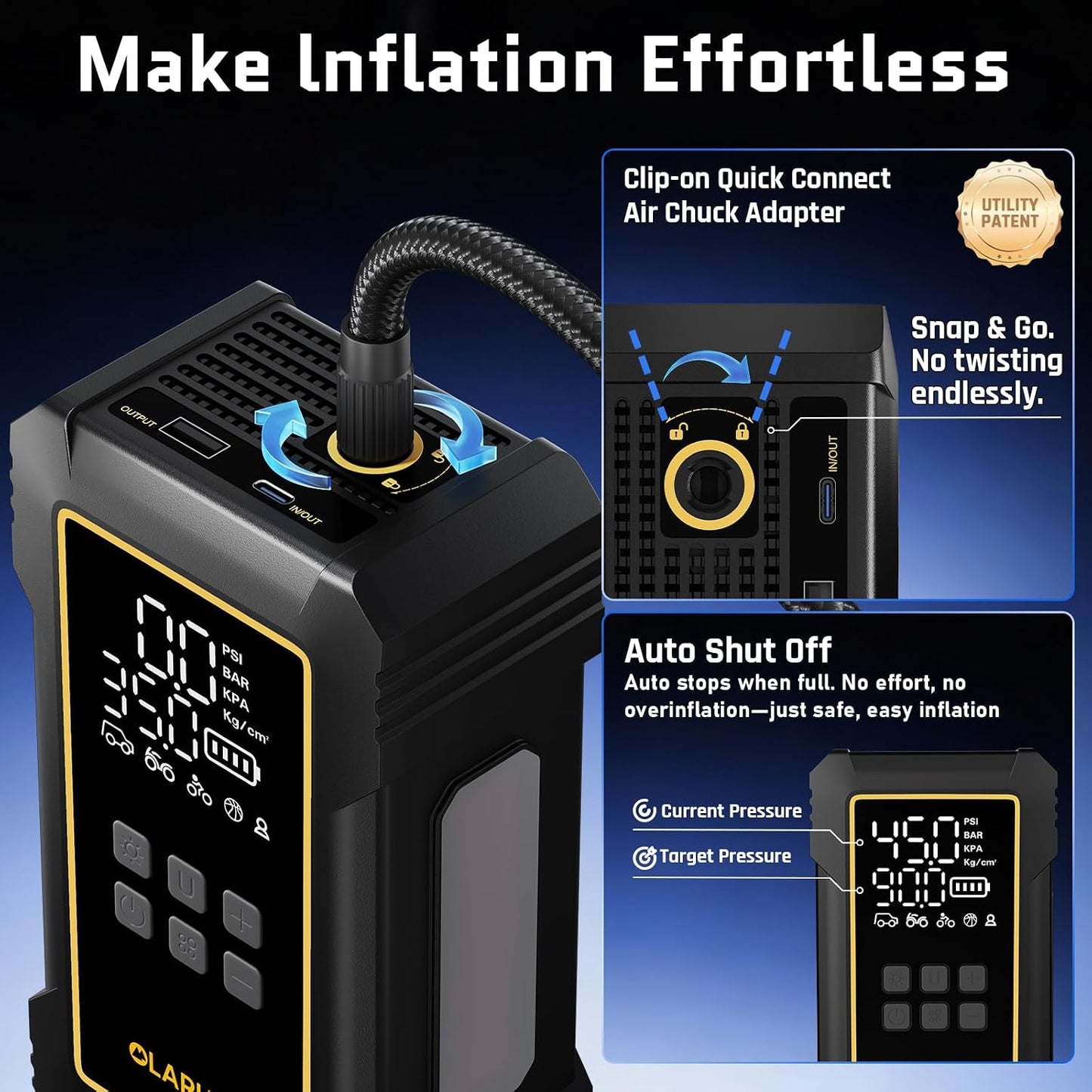 OlarHike Powerful 12000mAh Heavy Duty Tire Inflator Portable Air Compressor, 7X Faster, 150PSI Dual Power 12V&Cordless Air Pump for Car Tires, Pickup Trucks, Jeeps, SUVs & RVs. Digital Pressure Gauge