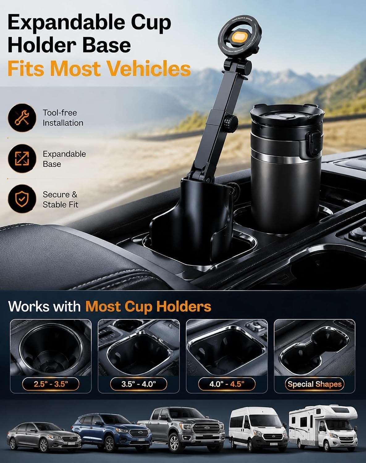 Car Cup Holder Phone Mount, 360° Adjustable, 2 in 1 One Hand Operation Car Holder, Adjustable Base Cupholder Phone Holder for All Phones(Magnetic)