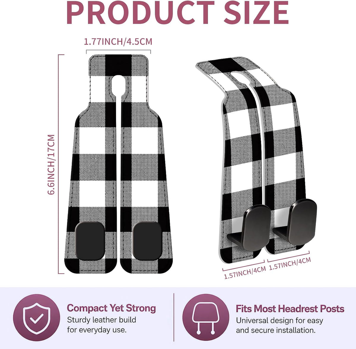 Car Seat Back Storage Hook, Funny Car Purse Hook, Cute Vehicle Storage Organizer for Purses Handbags Black White Plaid