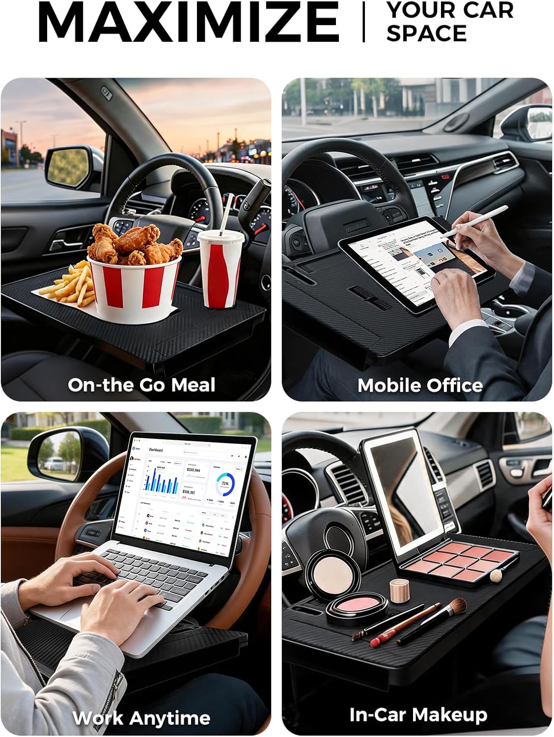 Steering Wheel Tray for Laptop & Eating, Adjustable Car Desk