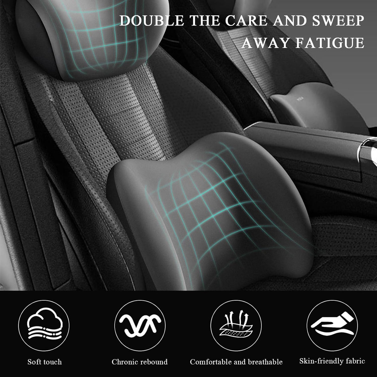 Car Headrest & Lumbar Support Cushion, Ergonomic Memory Foam Car Neck Back Support w/Removable Cover, Universal Breathable Lumbar Cushion Headrest Pillow with Adjusatble Strap (Gray)