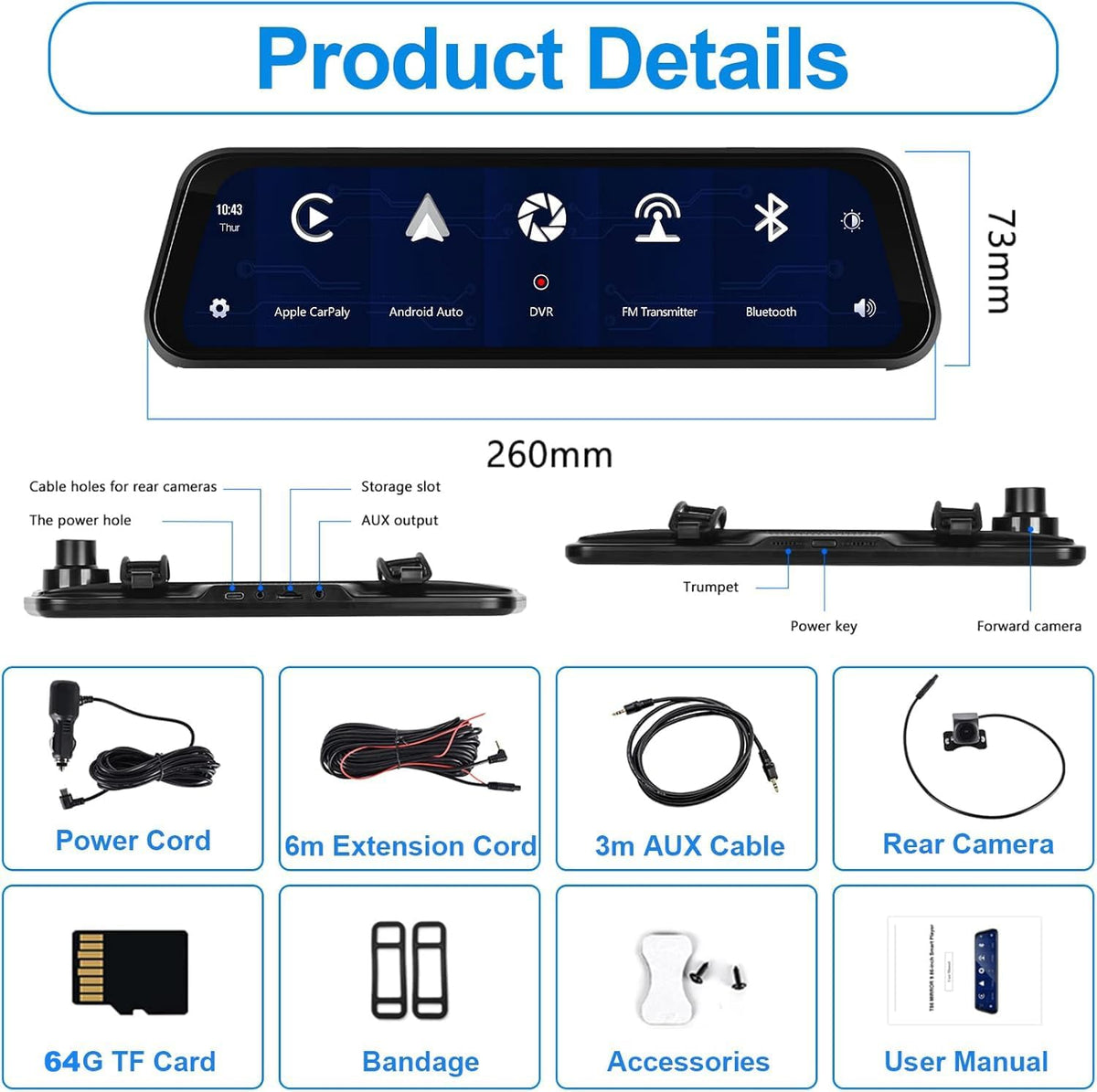 2.5K Rear View Mirror Dash Cam Backup Camera,in-Mirror Smart 9.66 Inch IPS Touch Screen Front&Rear Mirror Camera,Car Players Wireless CarPlay&Android Auto for Cars Trucks,Parking Monitoring,64GB Card