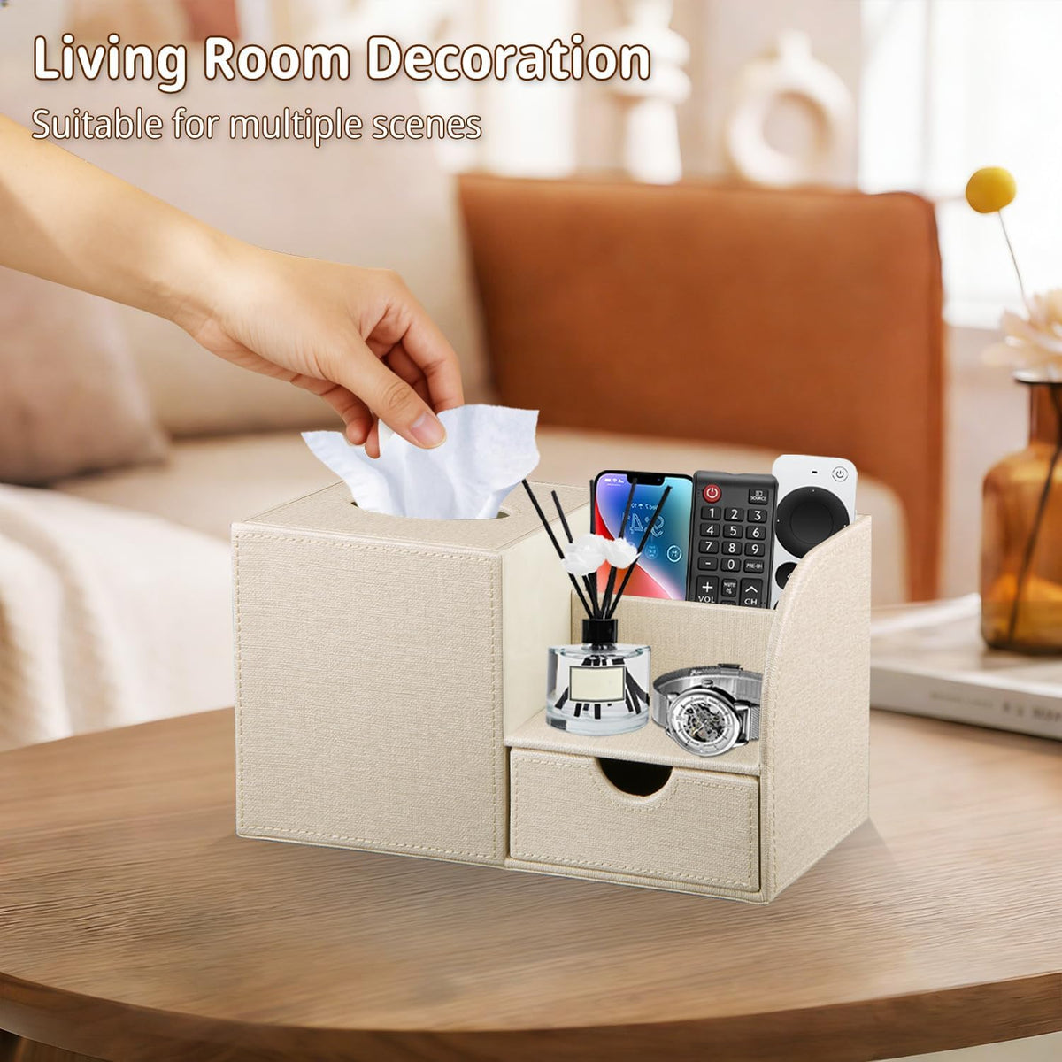 Nightstand Organizer with Tissue Holder,PU Leather Square Tissue Box Cover