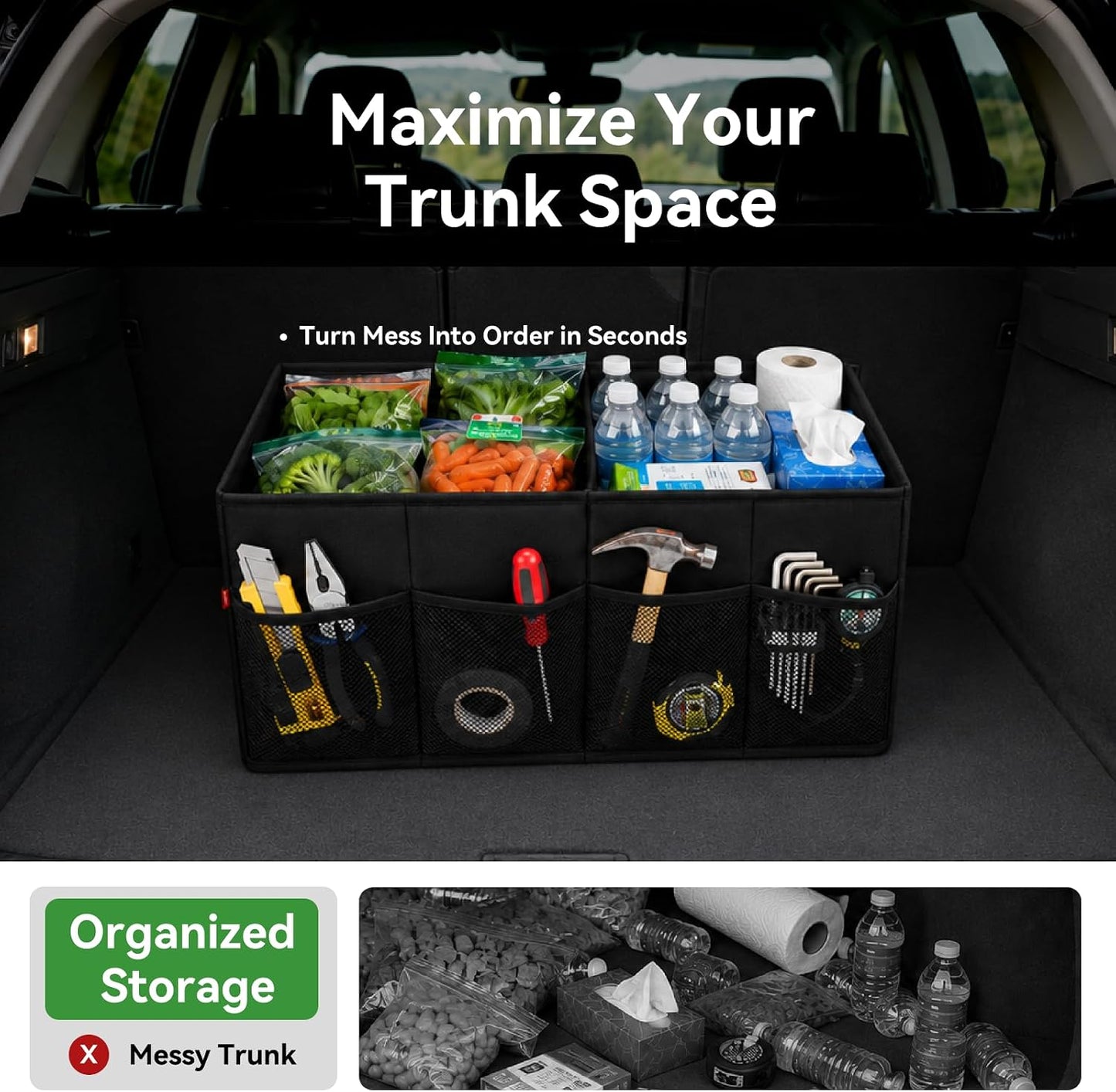 PAT SAM'S Car Trunk Organizer for SUV, Foldable Collapsible Storage Organizer with Dividers, Non-Slip Waterproof 600D Oxford, Backseat & Trunk Storage for Groceries, Tools, Toys (Black)