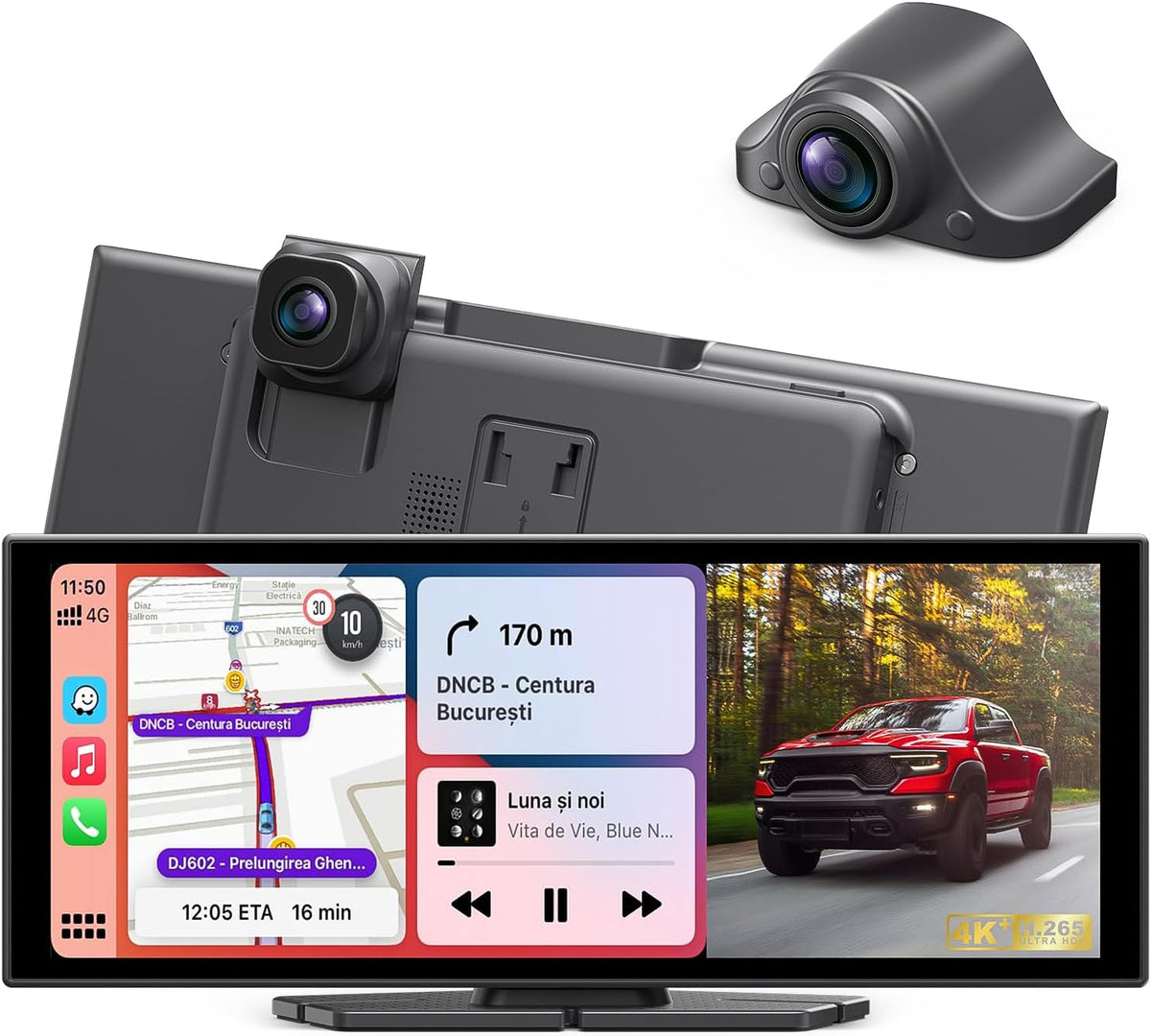 Portable Wireless CarPlay Screen, 10.26" Fully Laminated IPS Touch Screen Car Stereo with Wireless CarPlay & Android Auto, 4K Front Dash Cam,1080P Backup Camera,Super Link,Plug & Play
