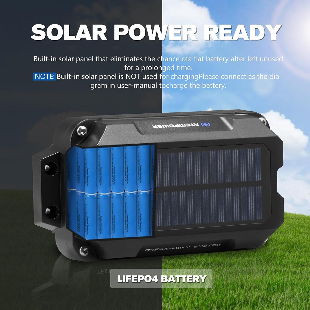 ATEM POWER Trailer Brake Controller Kit with Switch 12V 3AH LifePO4 Lithium Battery Trailer Breakaway Kit Brake Controller Bulit-in Solar Panel LED Indicator Break Away System for Trailer Caravan IP65