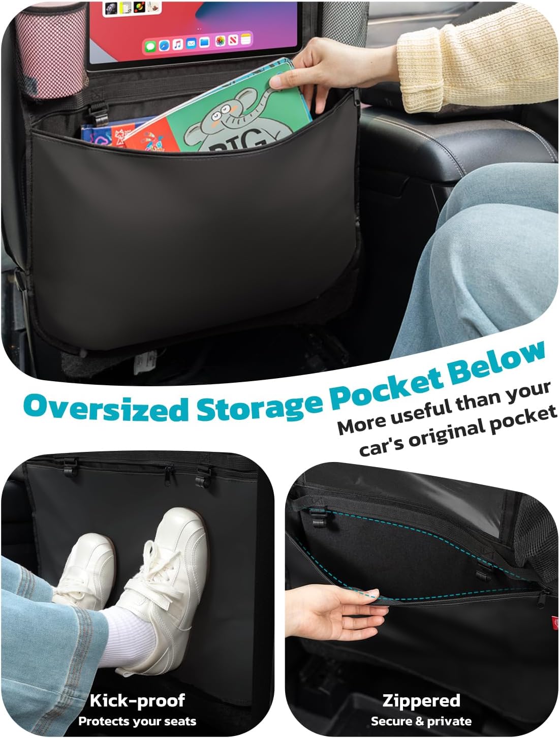 Oasser Seat Back Protector Kick Mats Backseat Car Organizers | 2 Pack, 1 Tissue Box, 12.9" Touch Screen Tablet Holder, Large Back of Seat Protector and Storage for Kids, 8 Pockets, Black