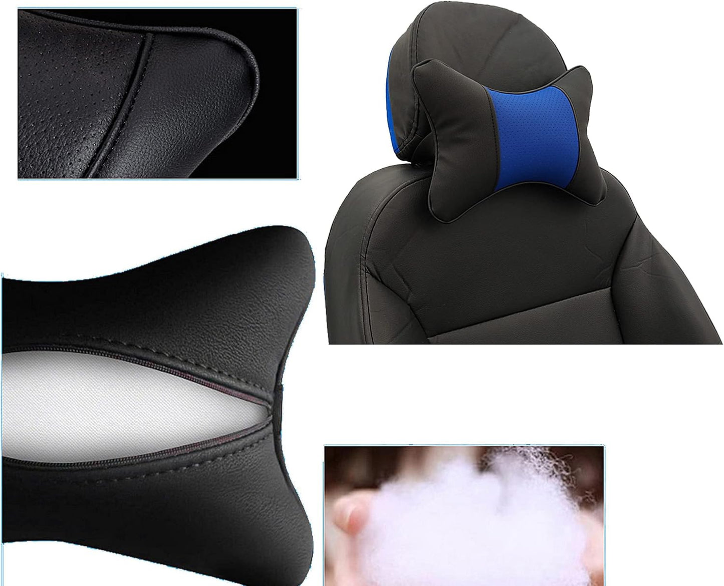 Car Neck Pillows Both Side Pu Leather 2pieces Pack Headrest Gogodog Fit for Most Cars Filled Fiber Universal Car Pillow (Black Blue)