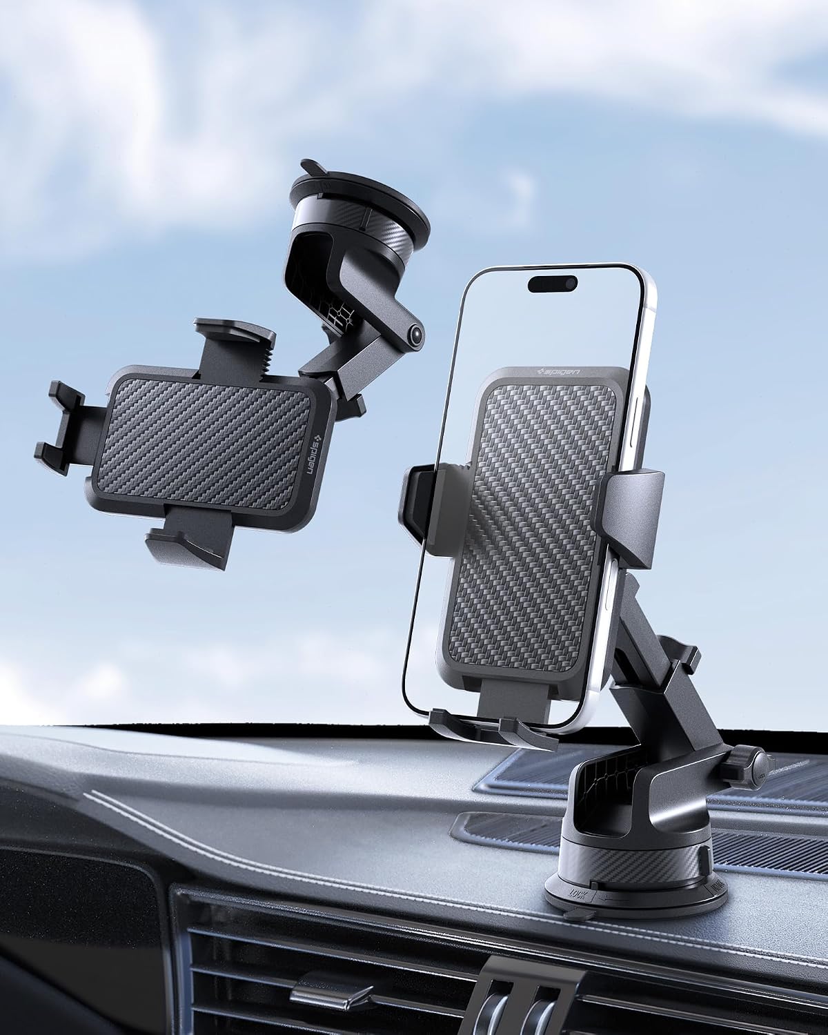 Spigen Carbon Fiber Dashboard Car Mount with Multi-Angle Telescopic Arm