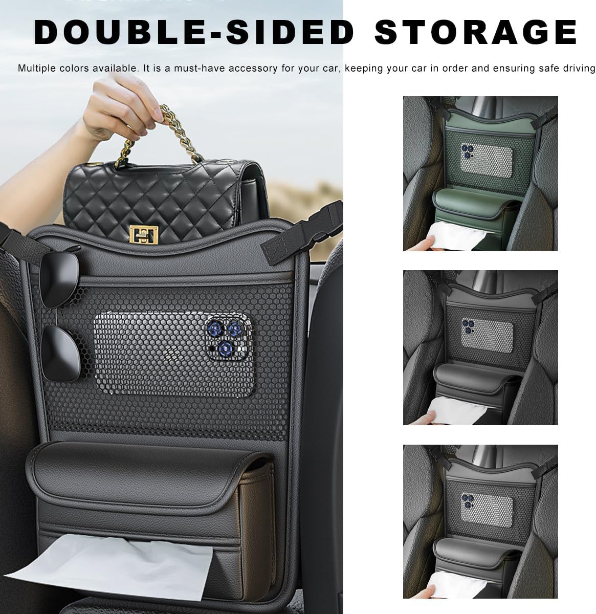 Car Purse Holder Between Seats, Nappa Leather Front Seat Storage Bag with Tissue Holder, Large Capacity Automotive Console Organizer for Document Phone Wallet, Car Accessories (Gray)