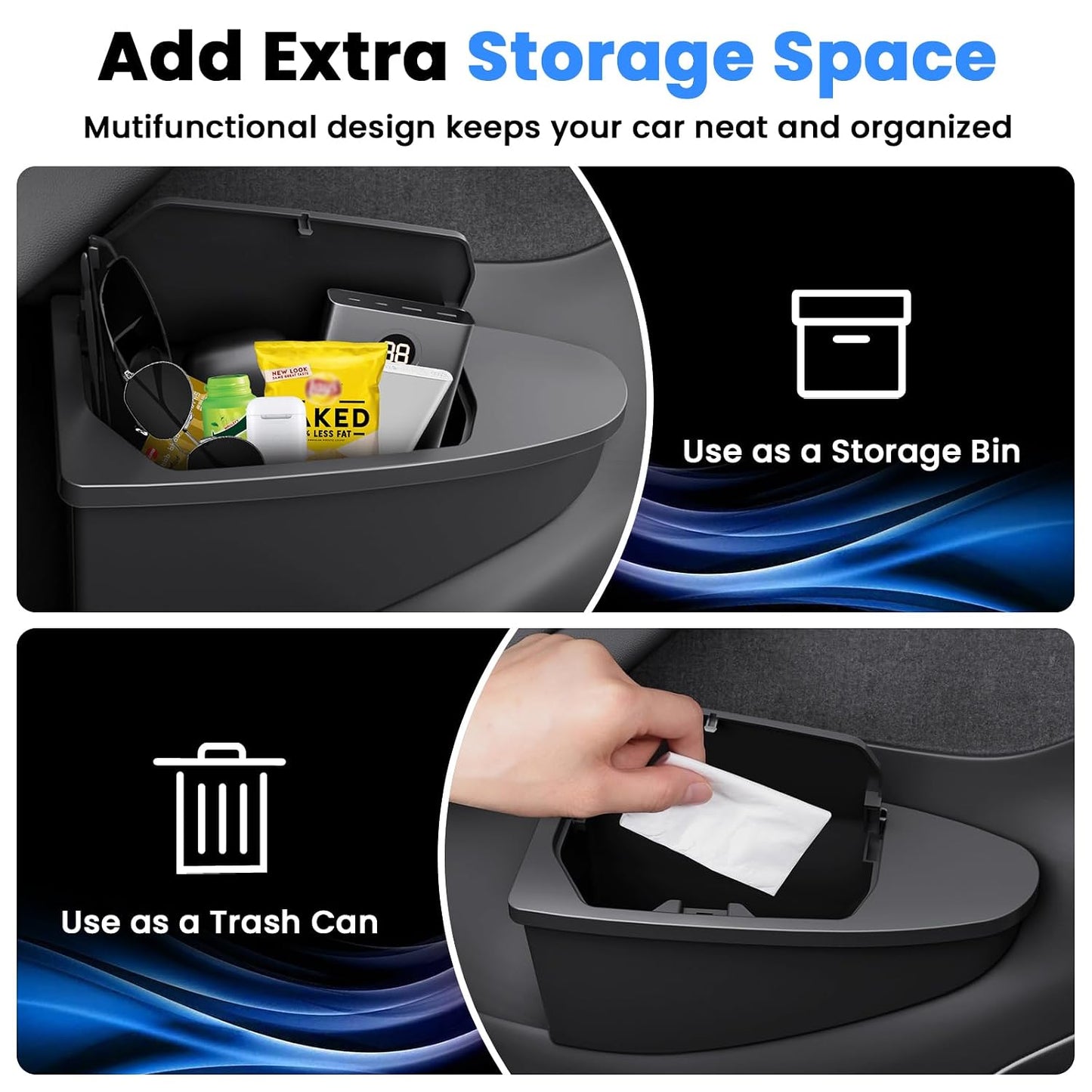 Canvcle Front Door Trash Can for 2025 2026 New Tesla Model Y Juniper Accessories, Door Side Storage Box Organizer Front Seat Door Garbage Bin with Push-Open Lid, Hidden Storage Organizer Black 2PCS