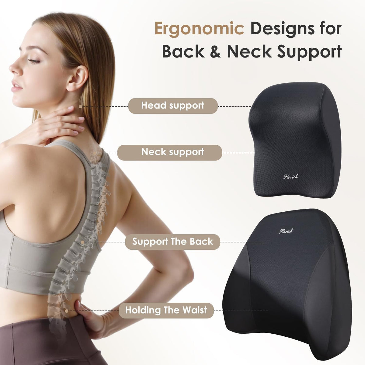 FLORICH Upgraded 3-in-1 Memory Foam Car Seat Cushion Set with Lumbar Support & Neck Pillow, Washable Driving Seat Cushion for Back & Sciatica Pain Relief, Non-Slip Seat Cushion for Car, Office-Black