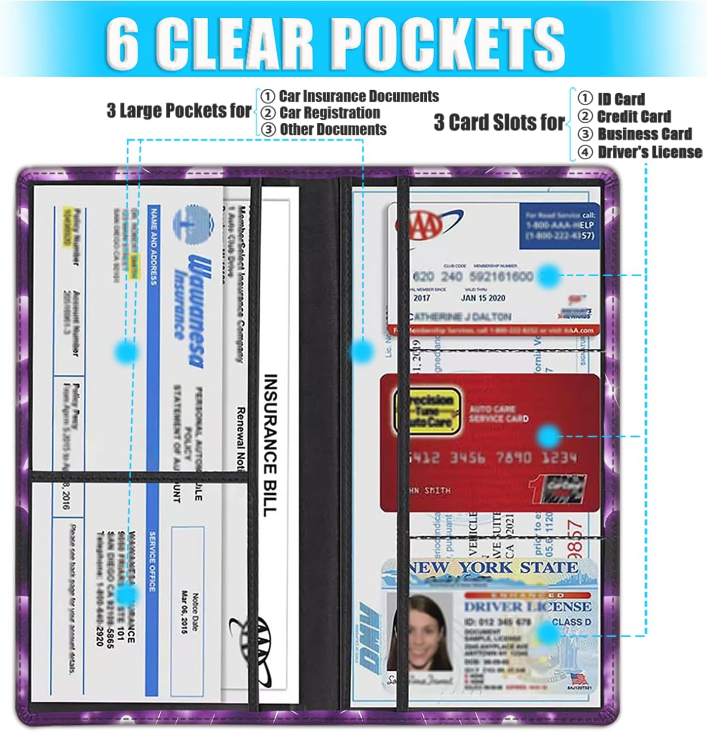 Car Document Holder with Magnetic Shut, PU Leather Car Registration & Insurance Card Holder for Driver License, Cards & Essential Documents, Vehicle Glove Box Organizer, Purple Heart Balloon Pattern