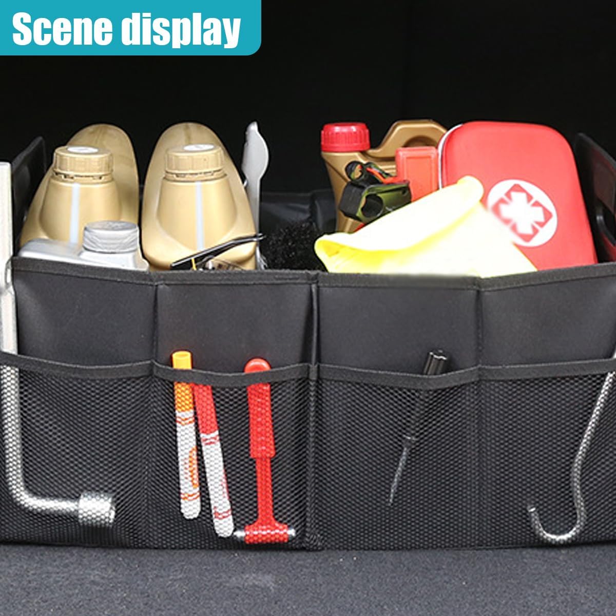 Car Trunk Organizer, Collapsible Multi-Compartment Auto Storage Box with 4 Pockets, Waterproof Oxford Fabric Car Trunk Container Accessories for Sedan SUV Truck (Black)