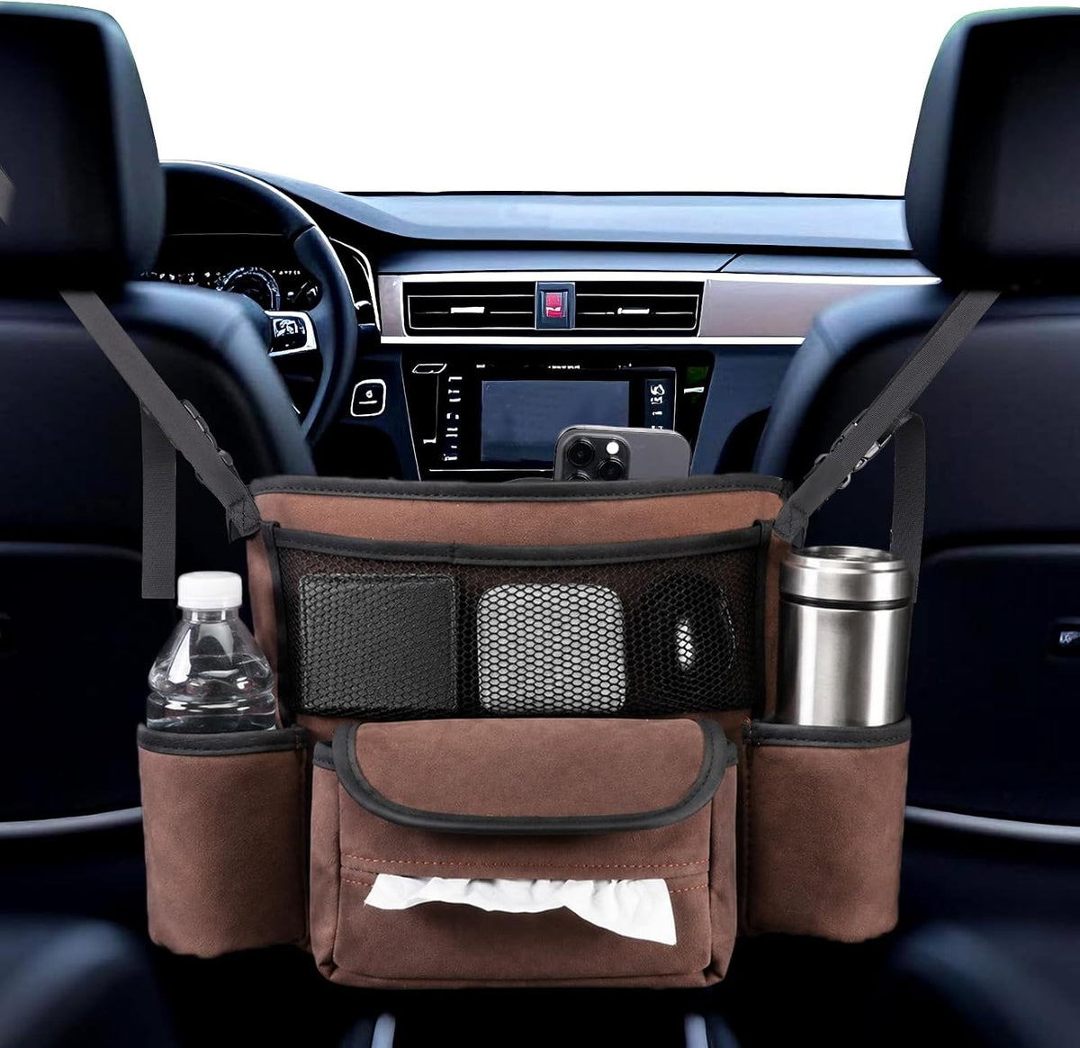 Car Handbag Holder Between Seats Suede Large Capacity Car Purse Holder Automotive Consoles, Fits Between Front Seats, Holds Wallet, Phone & Essentials (Grey)