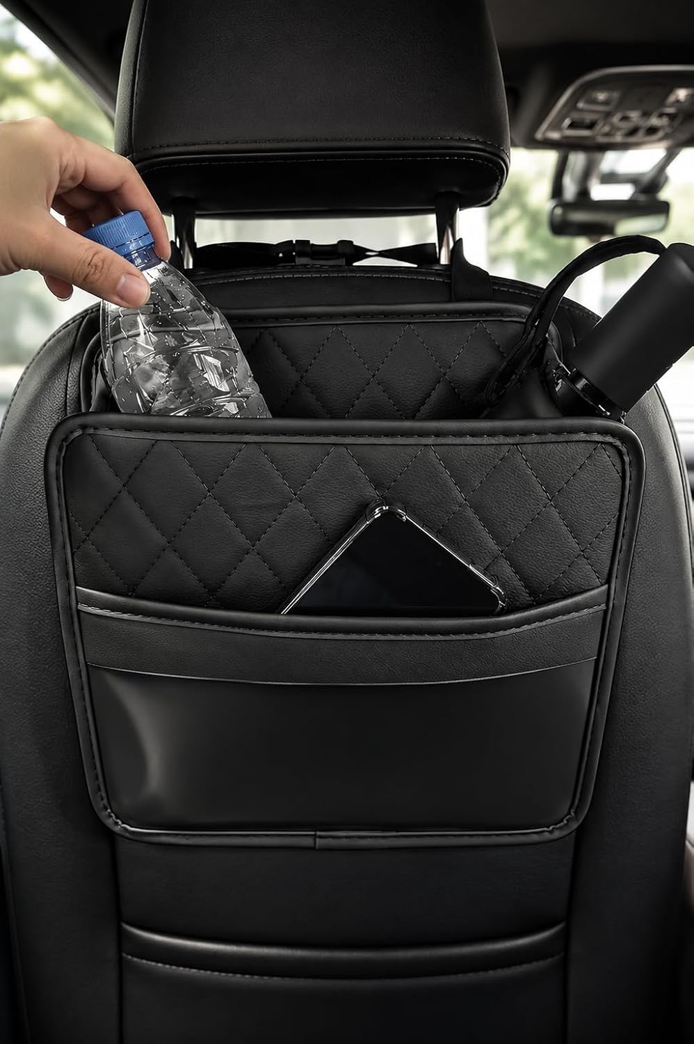 Premium PU Leather Car Backseat Organizer with Tissue Holder, Small Hanging Seatback Storage Bag & Compact Trash Bin, Waterproof Luxury Vehicle Headrest Pouch, Universal Fit for Sedan, SUV, Truck