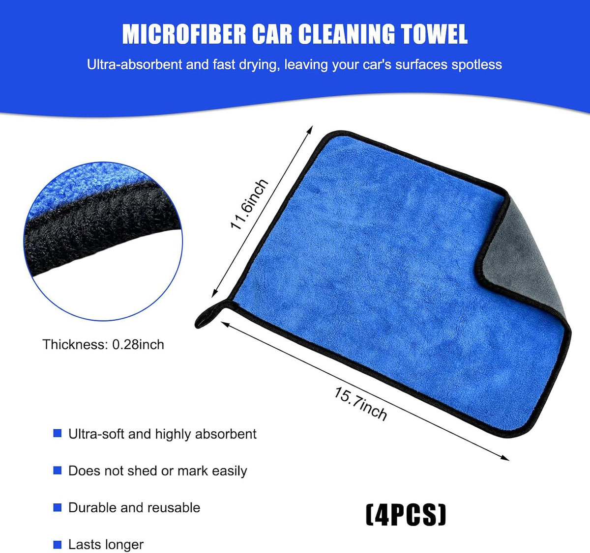 4PCS Microfiber Towels for Car, 12" x 16" 600GSM Cleaning Rags Ultra Absorbent Dusting Cloth, Scratch-Free Drying & Detailing Towel Wash Cloths for Car Interior & Exterior