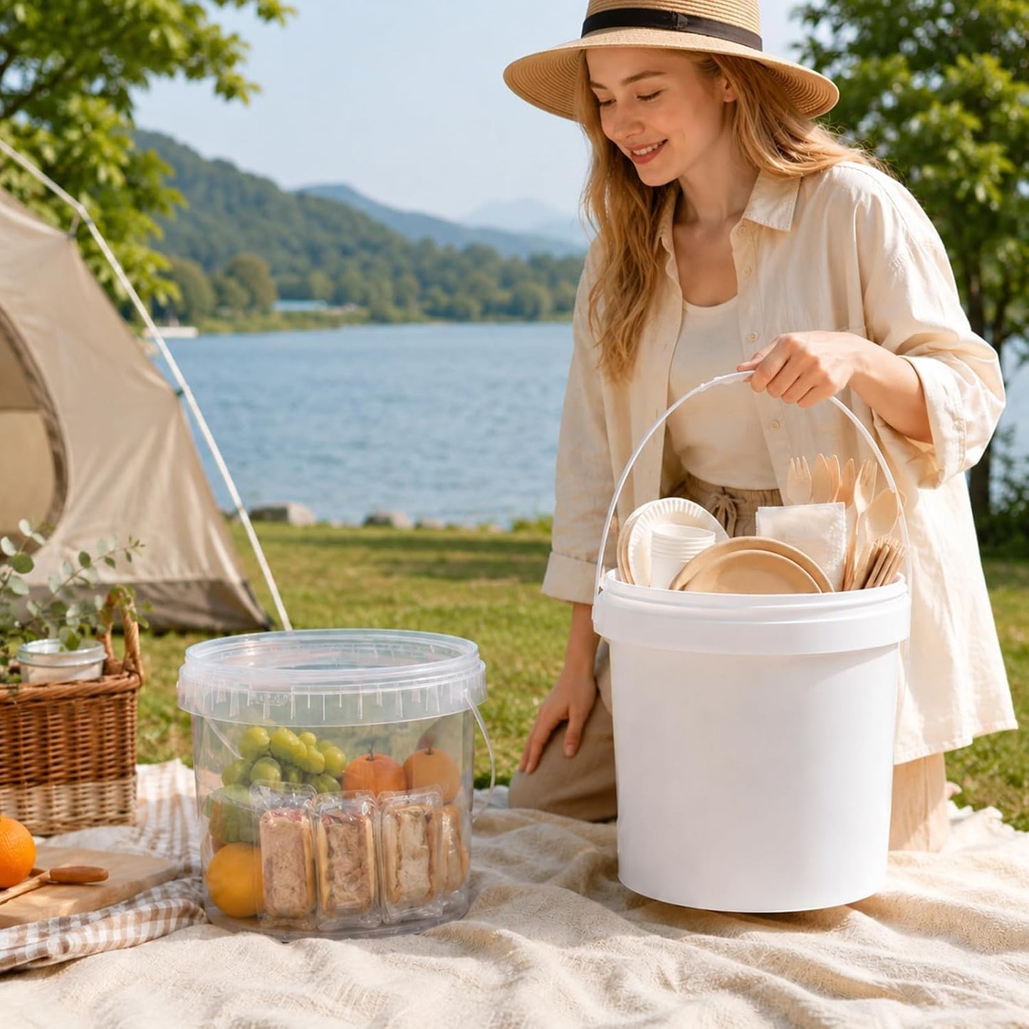DEMORA 4 Pack 1.6 Gallon Food Grade Storage Buckets with Lids, White | BPA-Free & Stackable, Leakproof Freezer Safe; For Deli, Ice Cream, Meal Prep, Cleaning, Car Wash & Fishing