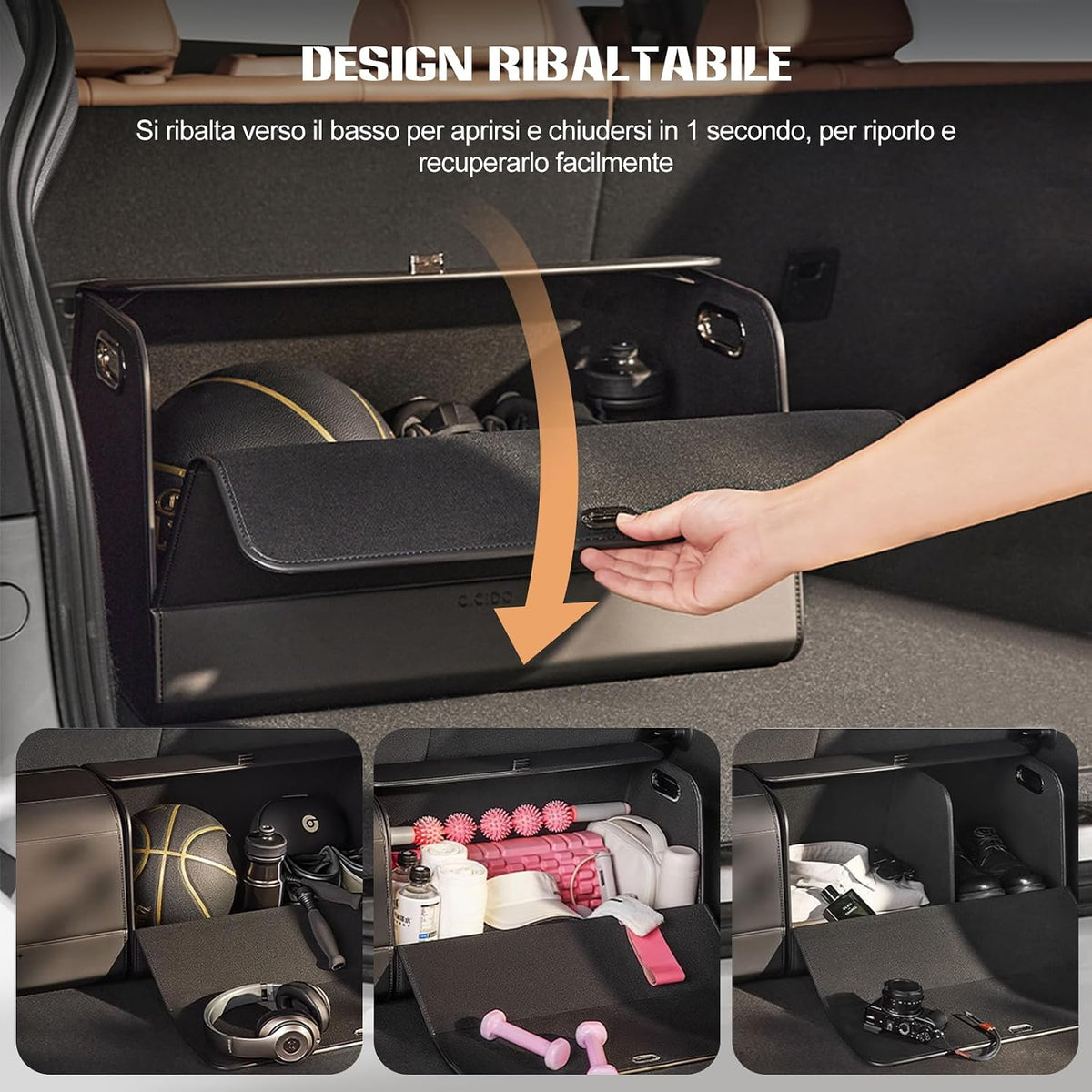 Ergocar Car Trunk Organizer, PU Leather Car Boot Organiser Collapsible, 180° Opening, Multi-Compartment Car Trunk Organizer Box, Car Boot Tidy, Non Slip Bottom, Essential Car Accessories
