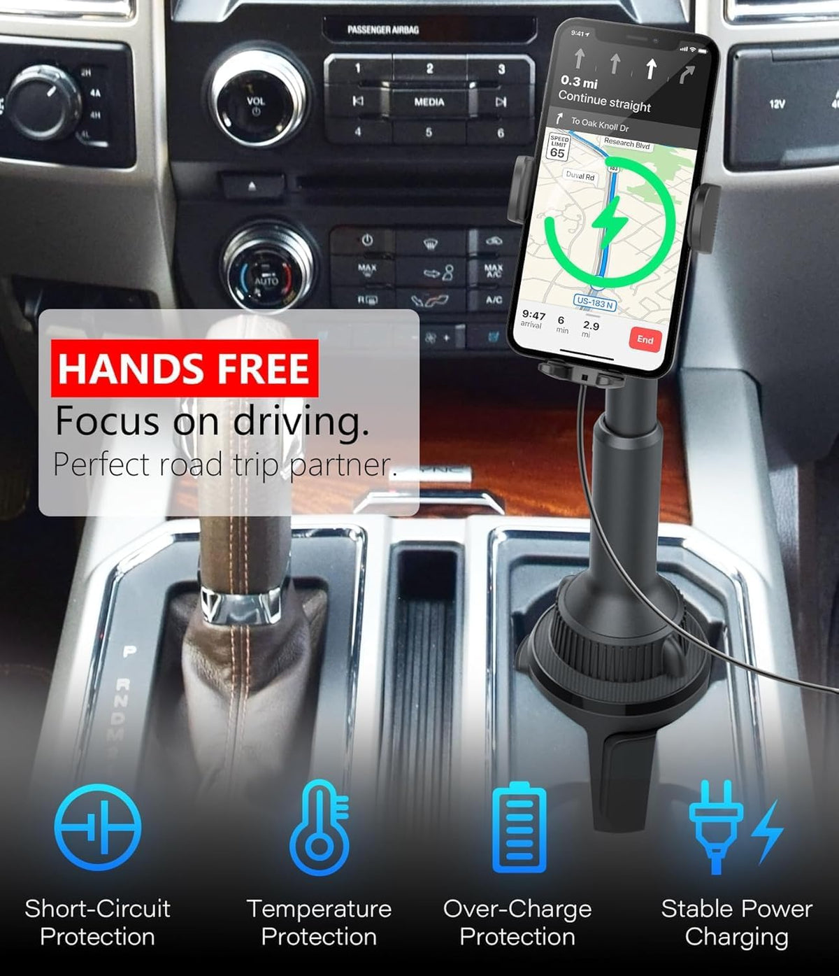 APPS2Car 15W Qi Fast Wireless Car Charger Solid Cup Holder Phone Mount