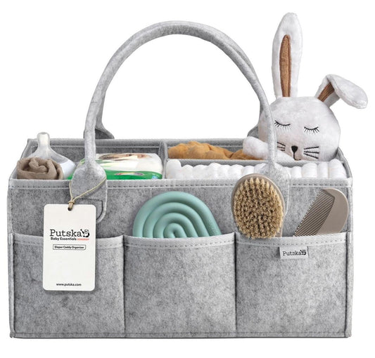 PUTSKA Baby Diaper Caddy Organizer - Nursery Storage Basket for Diaper Station, Baby Basket Shower Gift List and Registry Must-Have, Newborn Essentials, Nursery Decor for Boy or Girl - Grey, Large
