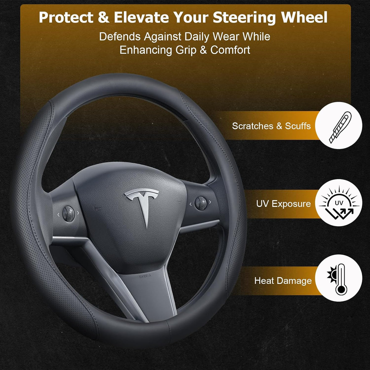Ouzorp Nappa Leather Steering Wheel Cover for Tesla Model 3 2016-2025 Highland and Model Y 2020-2026 Juniper with Anti-Slip & Breathable Surface-Black