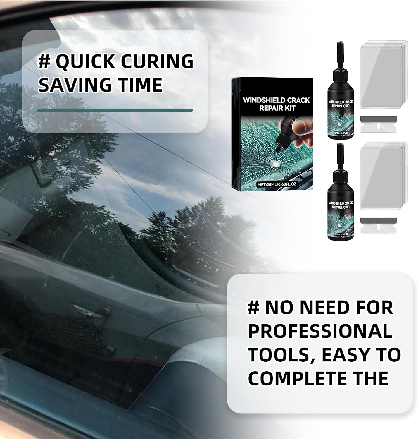 2 Pack Windshield Chip Repair Kit, Glass Repair Liquid for Cracks | Windshield Crack Repair Kit for Fix Car Windows, Rearview Mirrors and Glass, 20ML Cracked Windshield Repair Kit