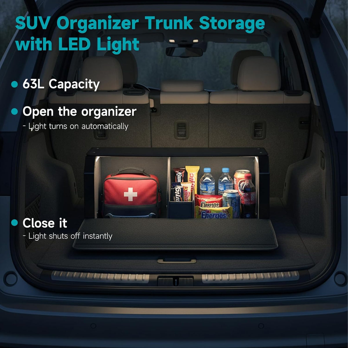 Car Trunk Organizers with LED Light, SUV Trunk Storage Box with Light