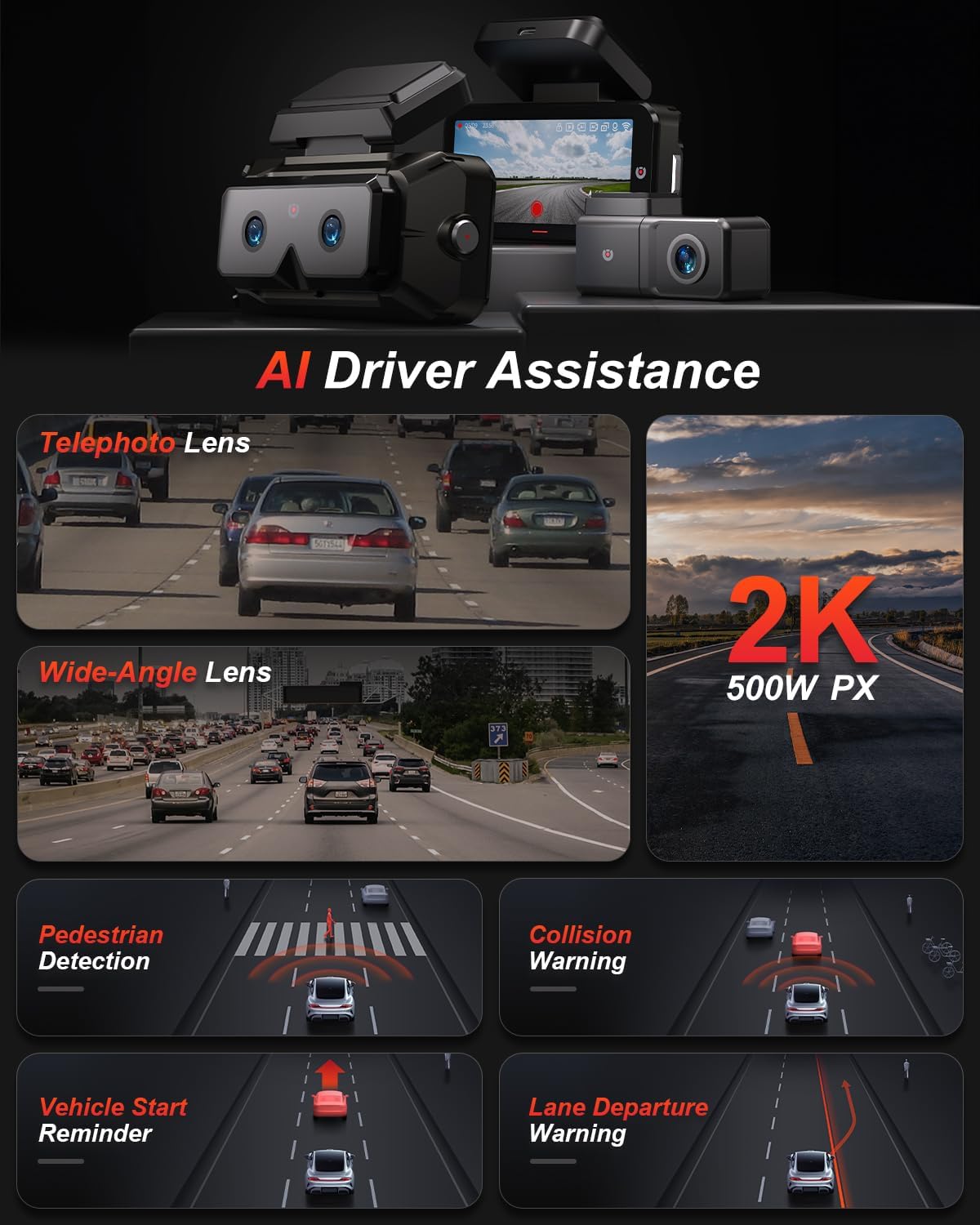 AKEEYO 3-Channel Dash Cam Front and Rear, Industry-First Telephoto Lens for 50M License Plate Capture, 2K Triple Lens Car Camera,5GHz WiFi,AI ADAS & BSD Blind Spot Detection,24H Parking Mode,64GB Card