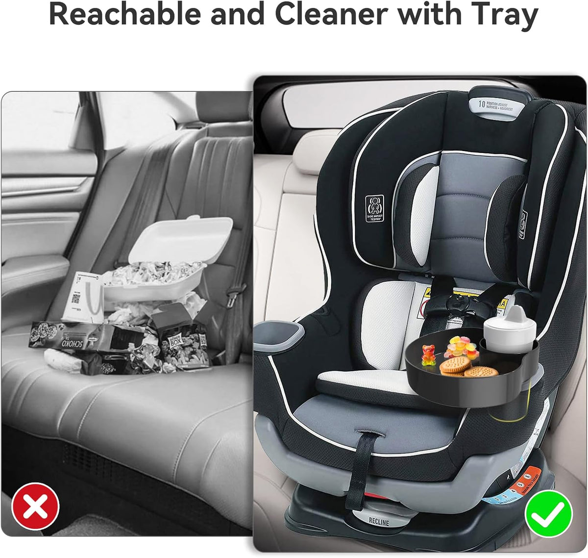Car Seat Cup Holder Snack Tray Black, Toddler Travel & Road Trip Essentials Accessory for Mess-Free Snacking in the Car,Travel Tray for Kids Car Seat