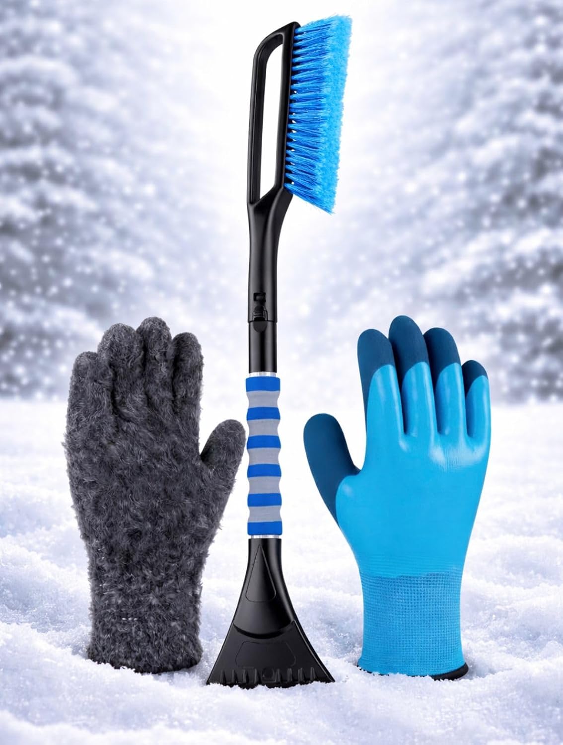 Extendable Snow Brush and Ice Scraper with Waterproof Gloves, 30.4-37.4 Inch Adjustable Length, Detachable Winter Car Cleaning Kit, Blue and Black
