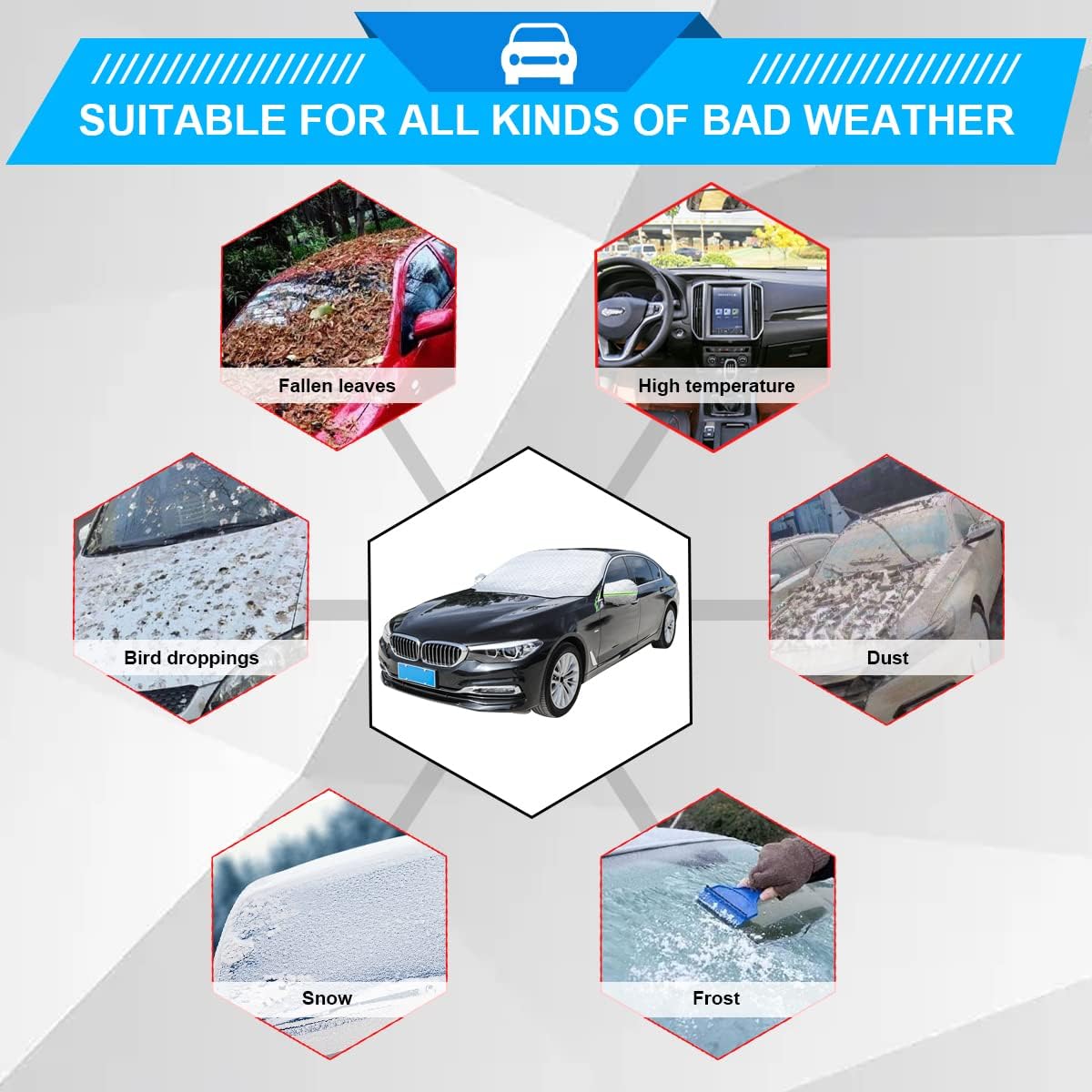 8sanlione Car Windshield Snow Cover with Side Mirror Cover, 4 Layers Winter Frost Protection for Any Weather, Windscreen Covers with Magnetic Edges, Front Window Automotive Covers for Car SUV Trucks